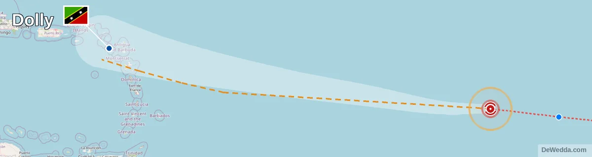 The Saint Kitts and Nevis island page's storm picture on August 29, 2026: Dolly's forecast track and cone, the island marked with its flag