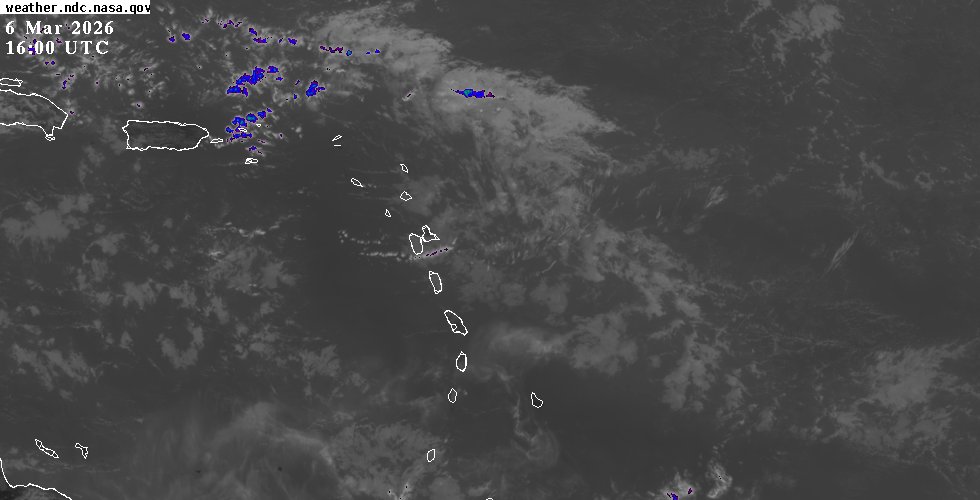 GOES-East infrared satellite view of the Eastern Caribbean showing cloud cover and weather systems