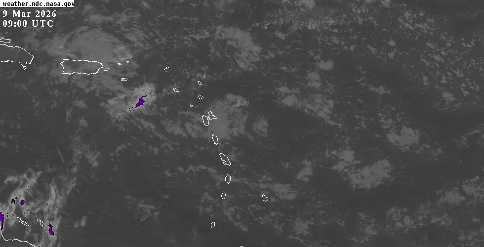 GOES-East IR Caribbean satellite image GOES-East infrared satellite view of the Eastern Caribbean showing cloud cover and weather systems