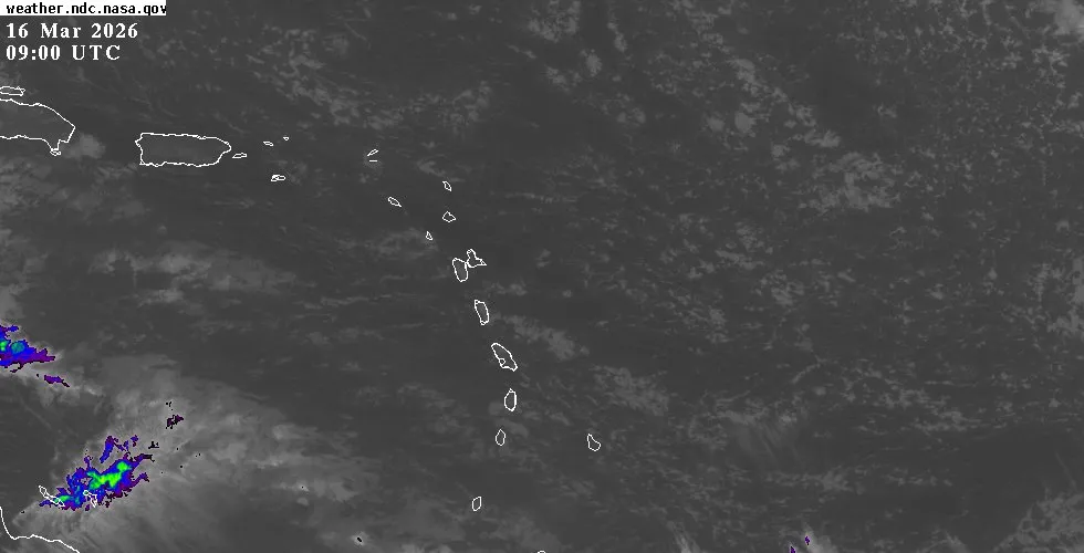 GOES-East IR Caribbean satellite image GOES-East infrared satellite view of the Eastern Caribbean showing cloud cover and weather systems