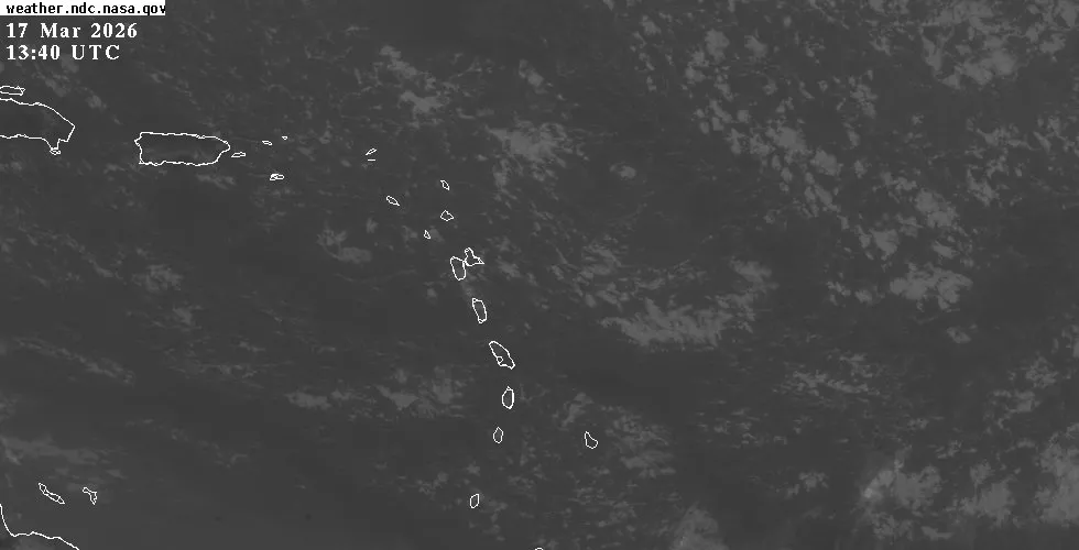 GOES-East infrared satellite view of the Eastern Caribbean showing cloud cover and weather systems