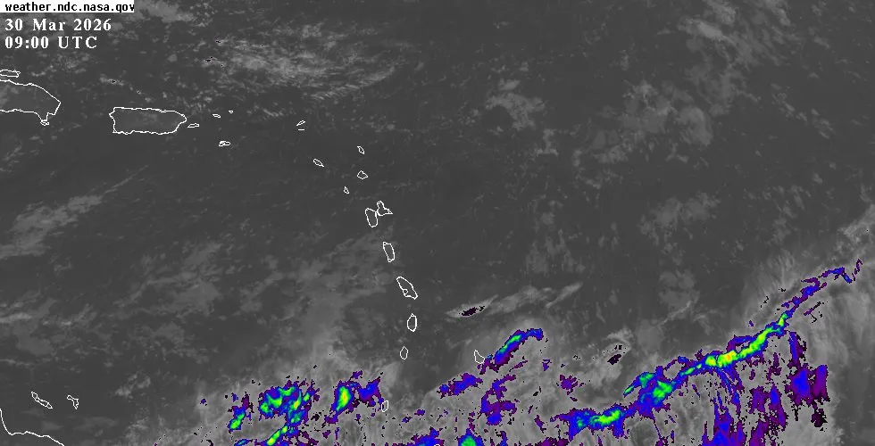 GOES-East IR Caribbean satellite image GOES-East infrared satellite view of the Eastern Caribbean showing cloud cover and weather systems