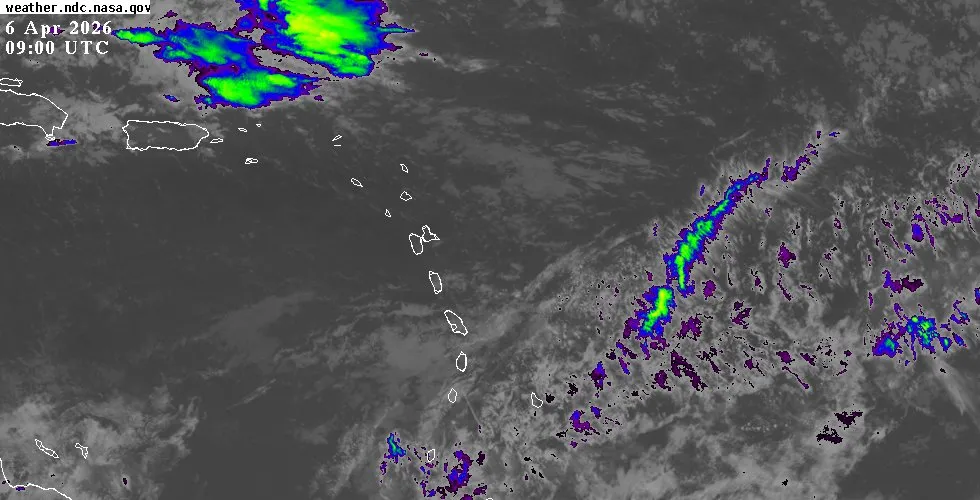 GOES-East infrared satellite view of the Eastern Caribbean showing cloud cover and weather systems