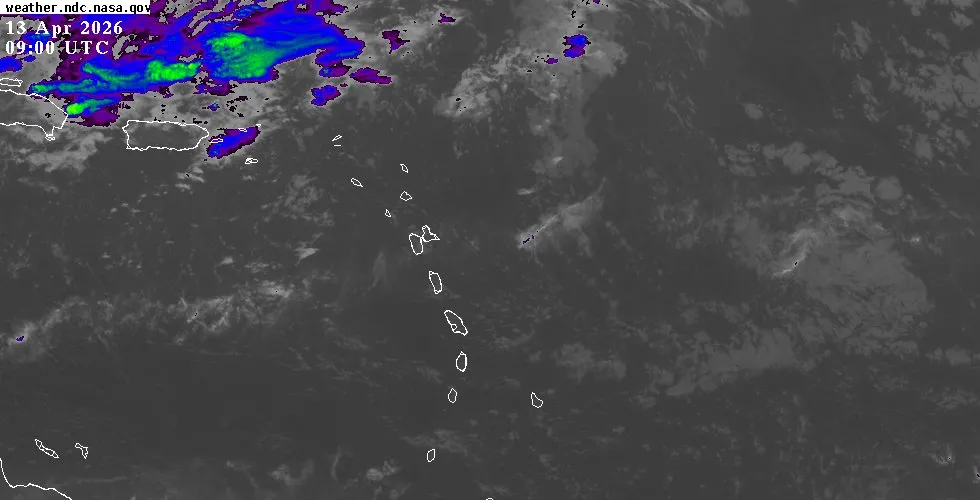 GOES-East infrared satellite view of the Eastern Caribbean showing cloud cover and weather systems