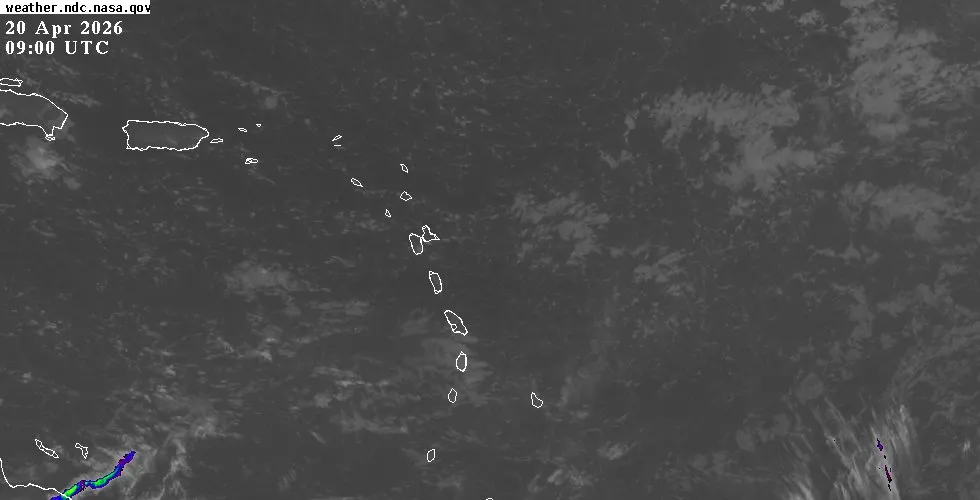 GOES-East infrared satellite view of the Eastern Caribbean showing cloud cover and weather systems