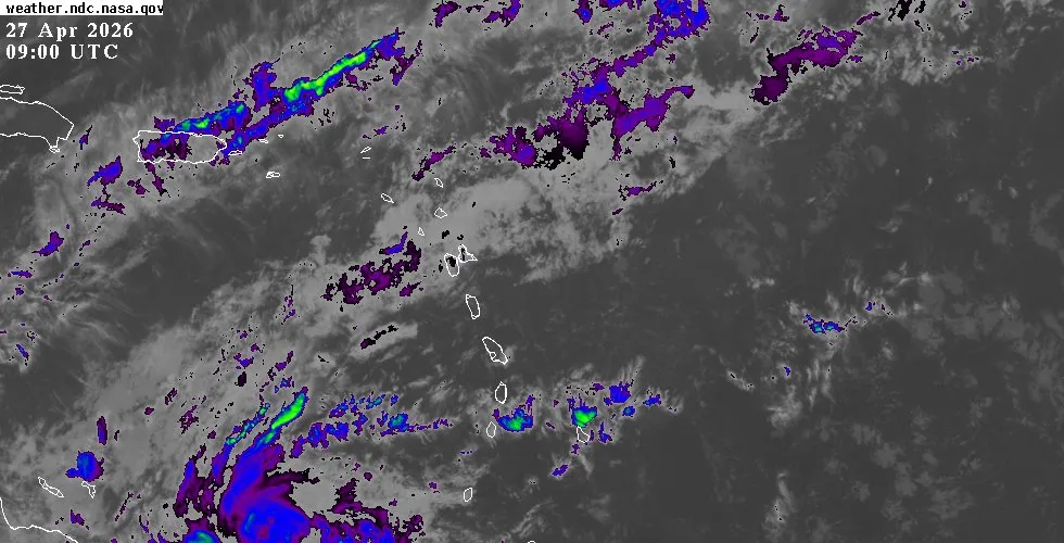 GOES-East IR Caribbean satellite image GOES-East infrared satellite view of the Eastern Caribbean showing cloud cover and weather systems