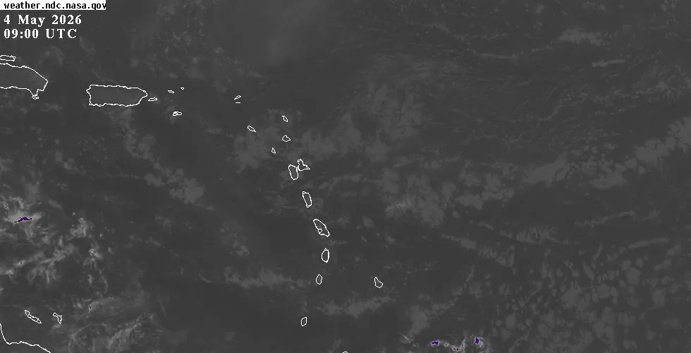 GOES-East infrared satellite view of the Eastern Caribbean showing cloud cover and weather systems
