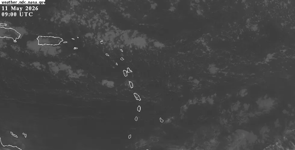 GOES-East infrared satellite view of the Eastern Caribbean showing cloud cover and weather systems
