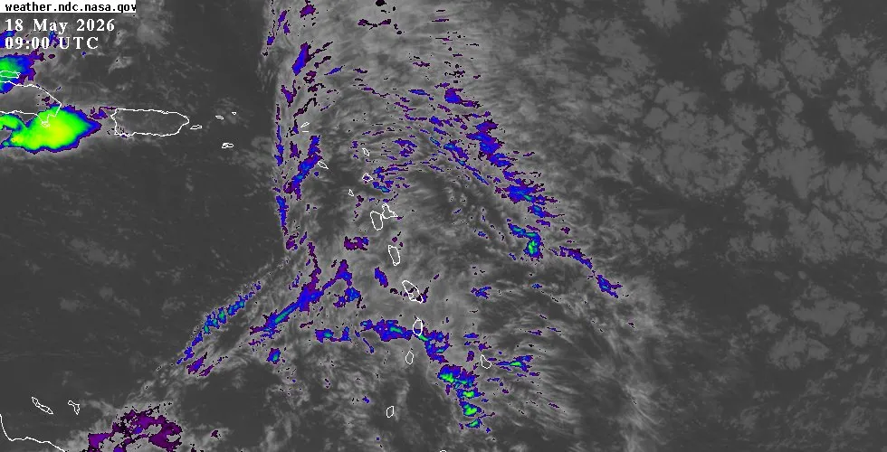 GOES-East infrared satellite view of the Eastern Caribbean showing cloud cover and weather systems
