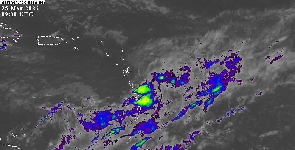 GOES-East IR Caribbean satellite image GOES-East infrared satellite view of the Eastern Caribbean showing cloud cover and weather systems