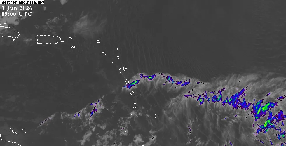 GOES-East infrared satellite view of the Eastern Caribbean showing cloud cover and weather systems