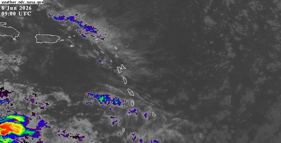 GOES-East infrared satellite view of the Eastern Caribbean showing cloud cover and weather systems