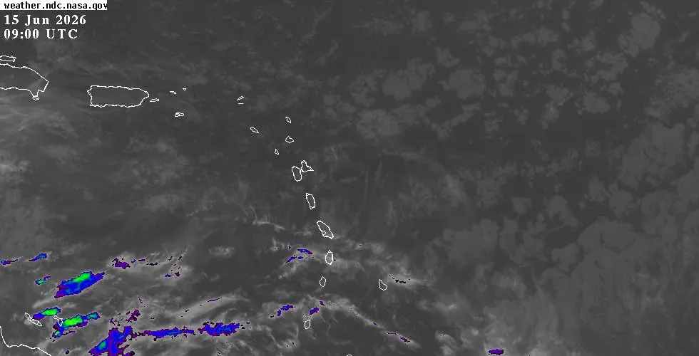 GOES-East infrared satellite view of the Eastern Caribbean showing cloud cover and weather systems