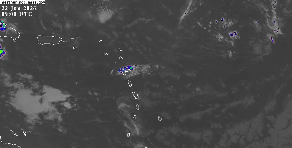 GOES-East IR Caribbean satellite image GOES-East infrared satellite view of the Eastern Caribbean showing cloud cover and weather systems