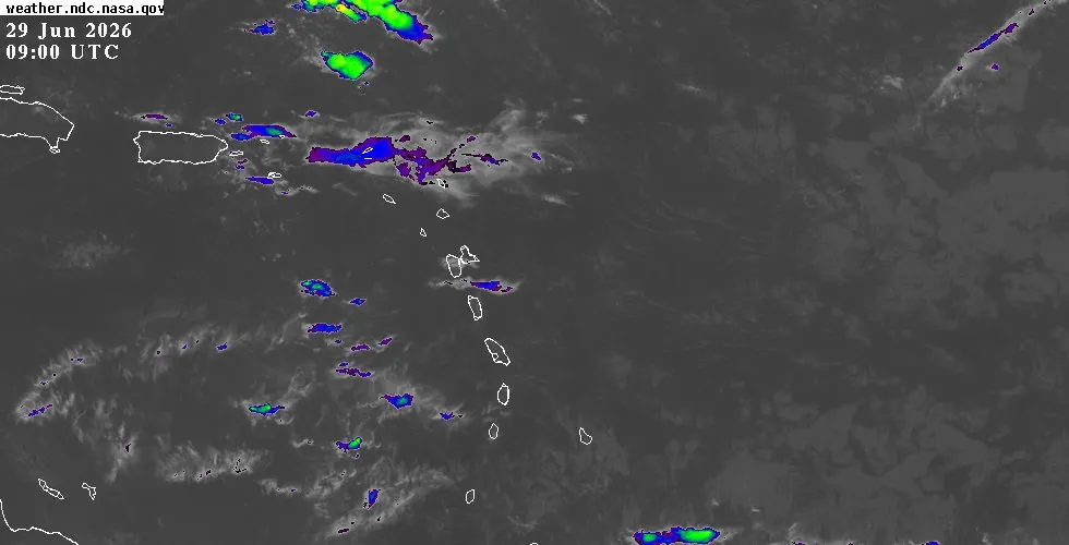 GOES-East infrared satellite view of the Eastern Caribbean showing cloud cover and weather systems