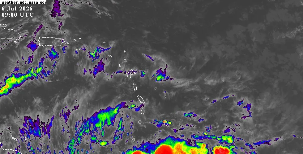 GOES-East infrared satellite view of the Eastern Caribbean showing cloud cover and weather systems