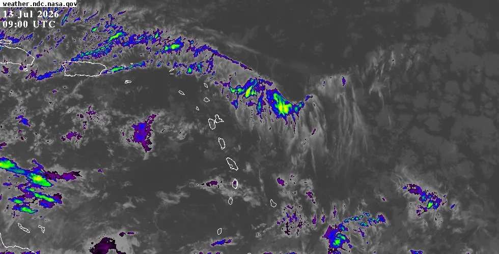 GOES-East infrared satellite view of the Eastern Caribbean showing cloud cover and weather systems