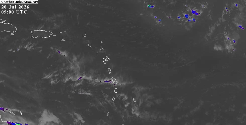 GOES-East IR Caribbean satellite image GOES-East infrared satellite view of the Eastern Caribbean showing cloud cover and weather systems