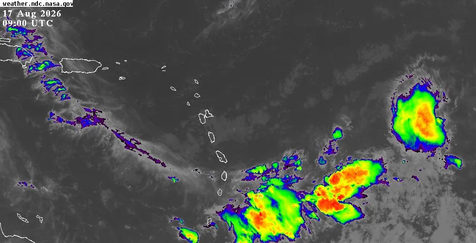 GOES-East IR Caribbean satellite image GOES-East infrared satellite view of the Eastern Caribbean showing cloud cover and weather systems