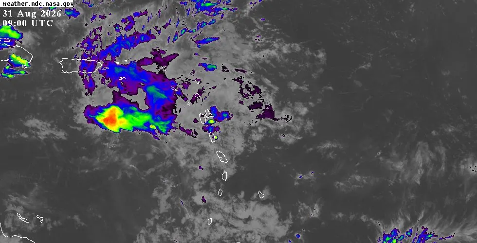 GOES-East IR Caribbean satellite image GOES-East infrared satellite view of the Eastern Caribbean showing cloud cover and weather systems