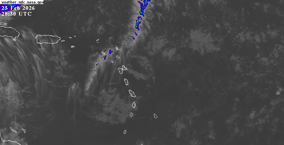 GOES-East IR Caribbean satellite image GOES-East infrared satellite view of the Eastern Caribbean showing cloud cover and weather systems