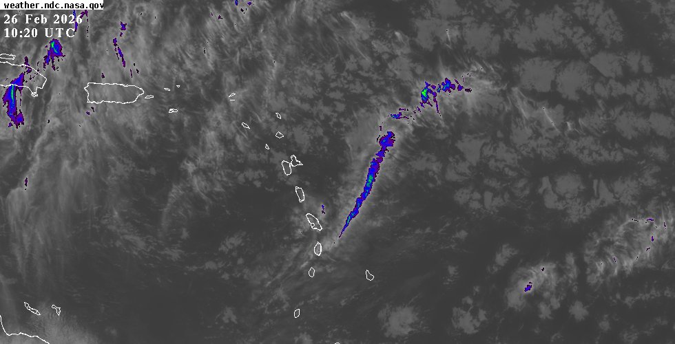 GOES-East infrared satellite view of the Eastern Caribbean showing cloud cover and weather systems