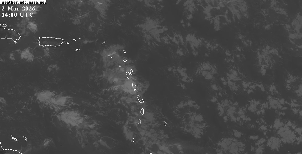 GOES-East infrared satellite view of the Eastern Caribbean showing cloud cover and weather systems