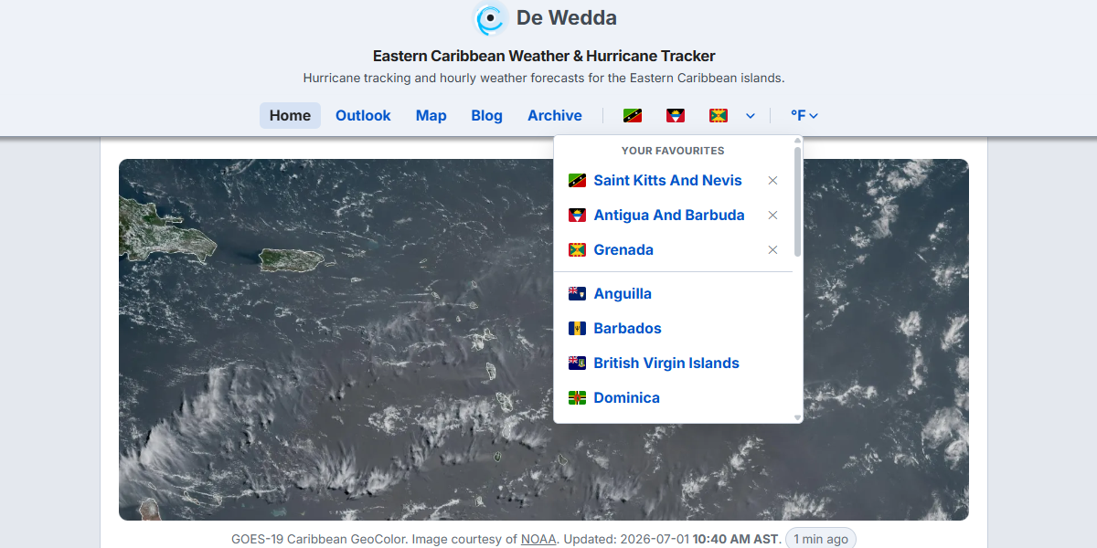 Dewedda.com favourites menu open on the homepage, showing pinned islands grouped at the top with a remove control on each, above the full alphabetical island list