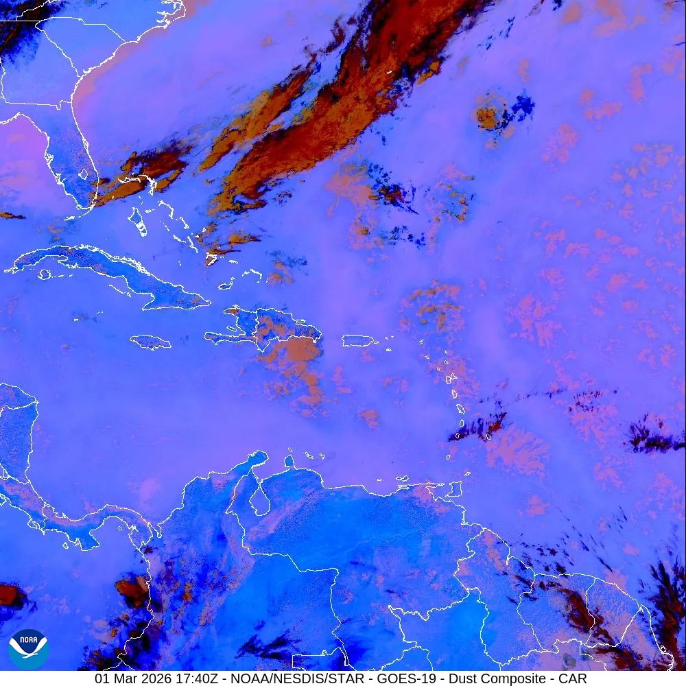 GOES Dust RGB satellite image of the Caribbean showing Saharan dust plumes and atmospheric aerosols