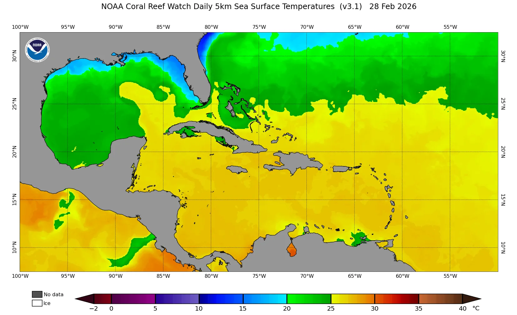 Caribbean Sea Surface Temperature 30-day animation (click play to start)