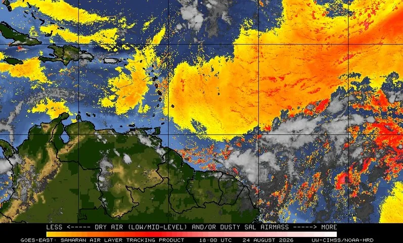 GOES-East Saharan Air Layer tracking animation for the Caribbean and tropical Atlantic covering the past three days (click play to start)